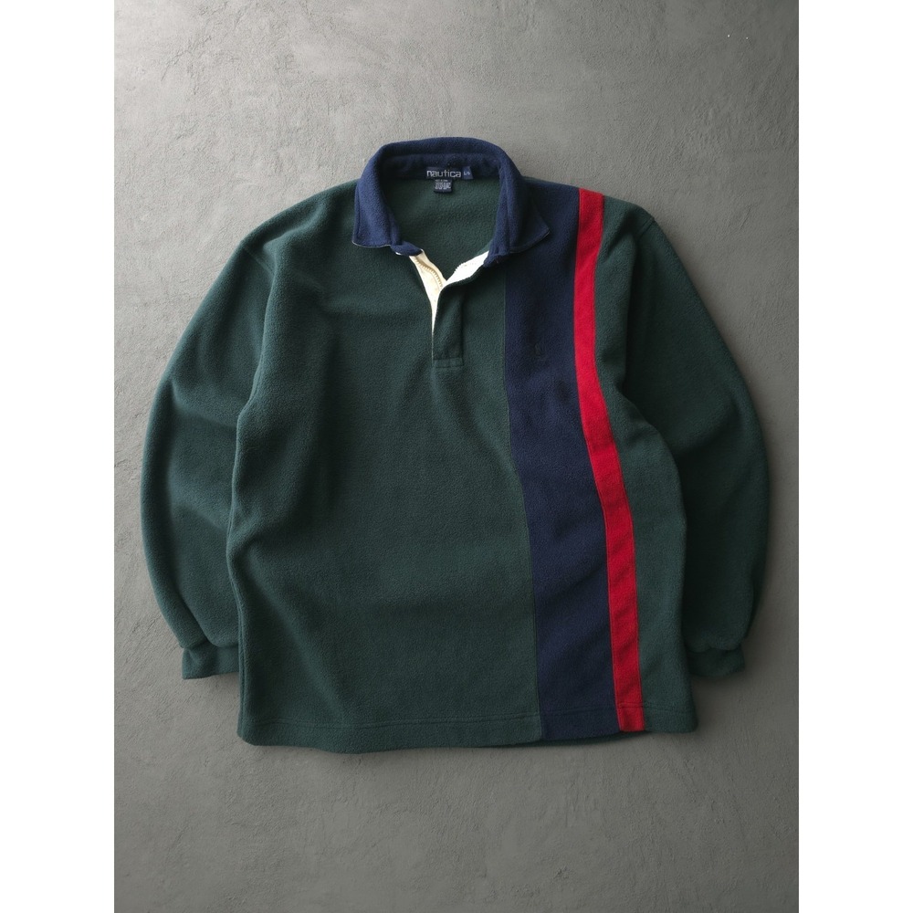 Vintage 90s Nautica Green Fleece Pullover Collared Sweatshirt L